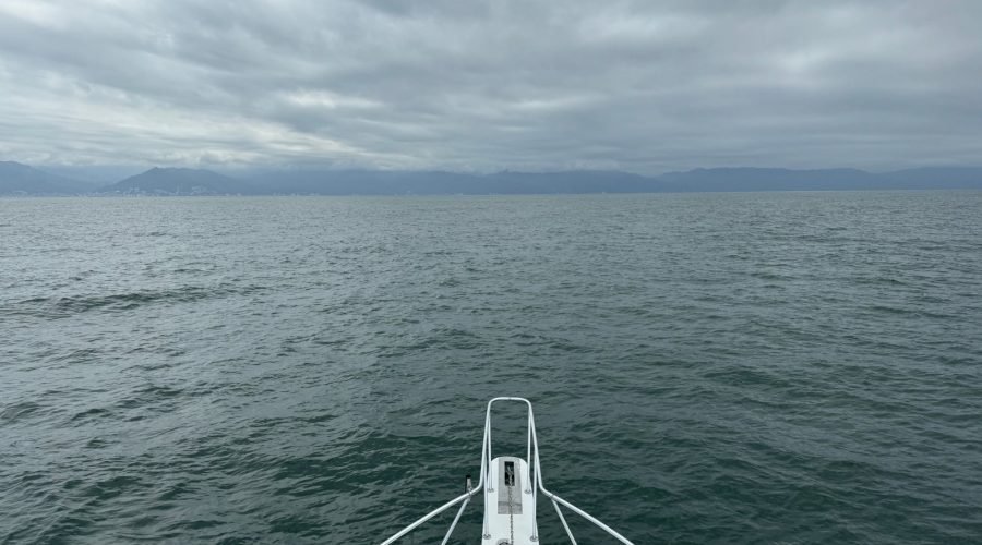 Proa de un barco de Ol' Salty's Ranch saliendo hacia la Bahía de Banderas en una mañana nublada