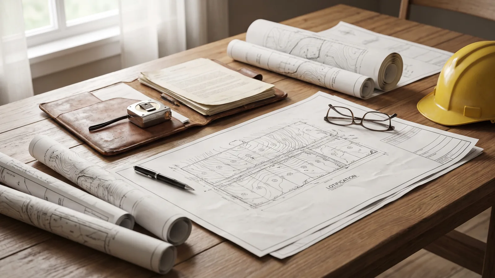 Planos topográficos, plano de lotificación y carpeta de escrituras sobre una mesa de trabajo junto a un casco de obra