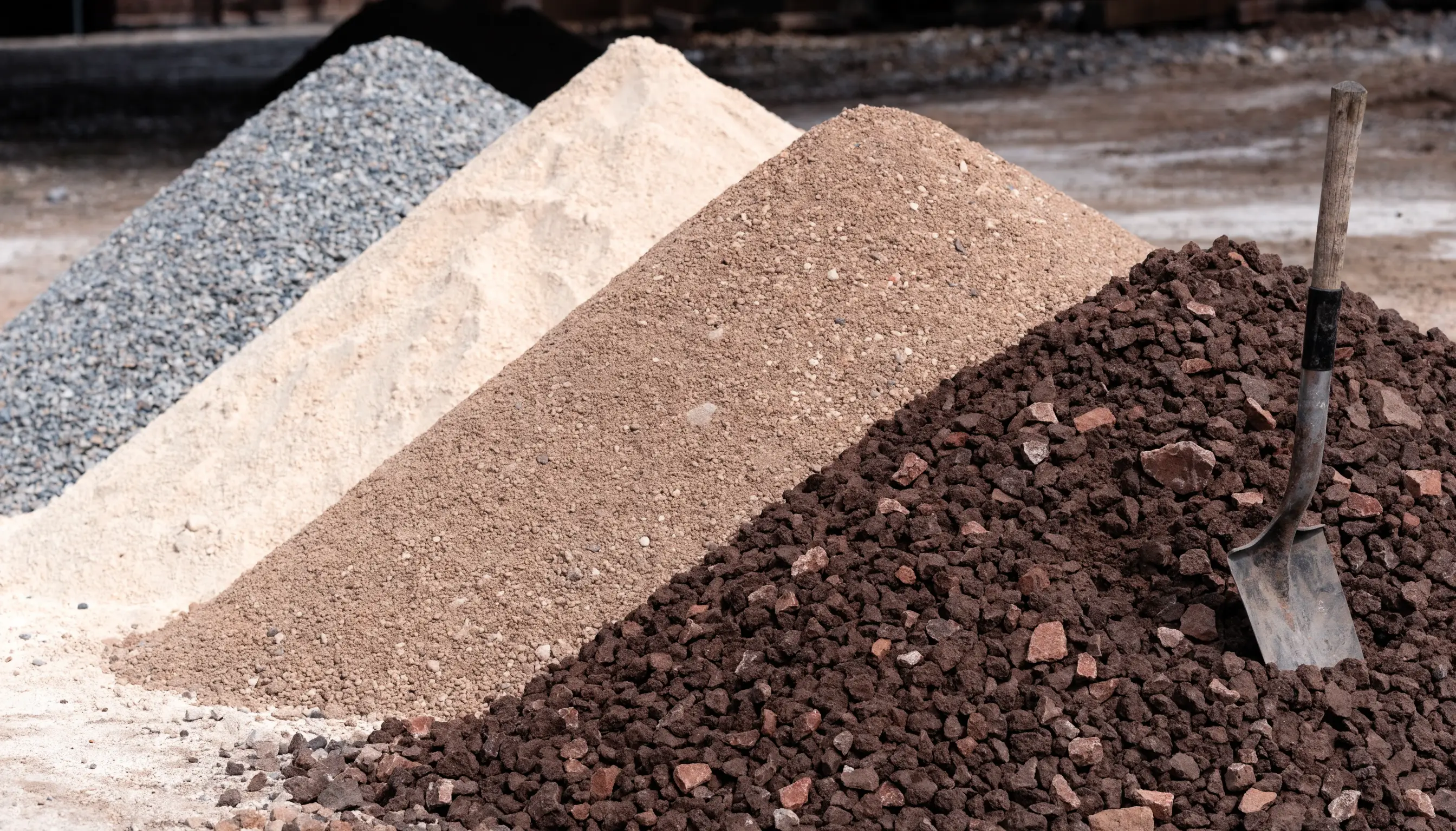 Obra en construcción con distintos materiales pétreos según su etapa