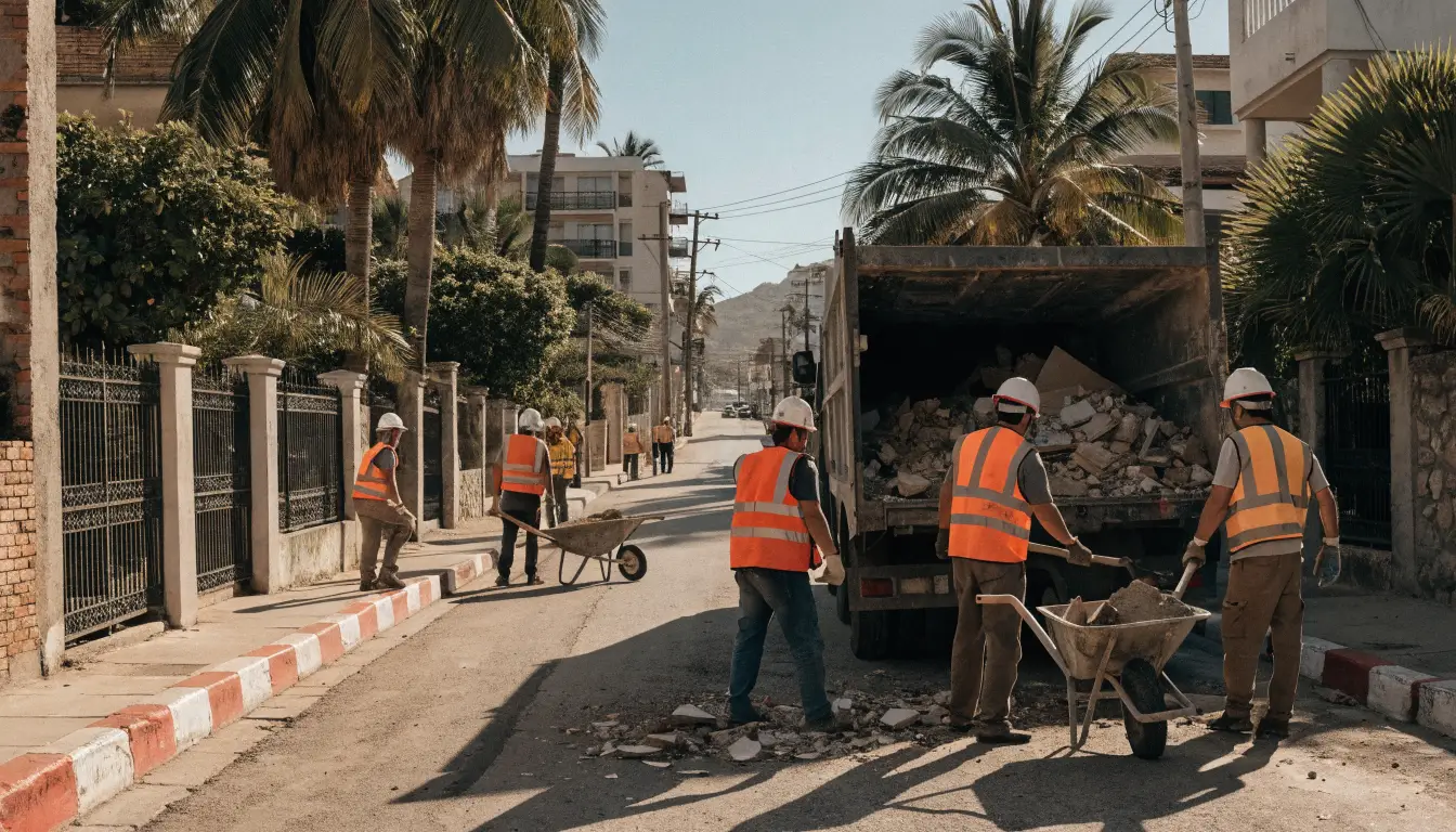 Camión de volteo cargando escombro de obra en Puerto Vallarta